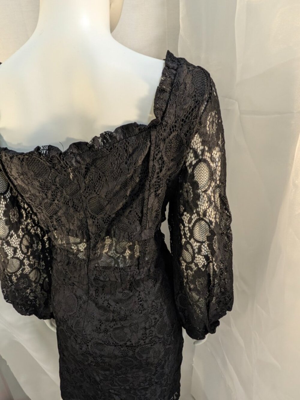 New York & Company Black Lace Dress XXL Sheer Midriff Long Sleeve Cocktail NWOT - Picture 14 of 16